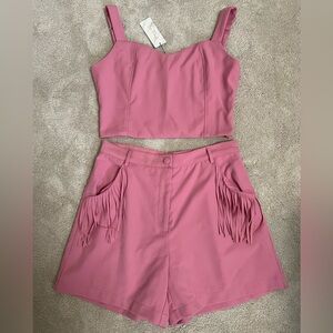 Pink Two Piece Set Matching Shorts and Top with Fringe